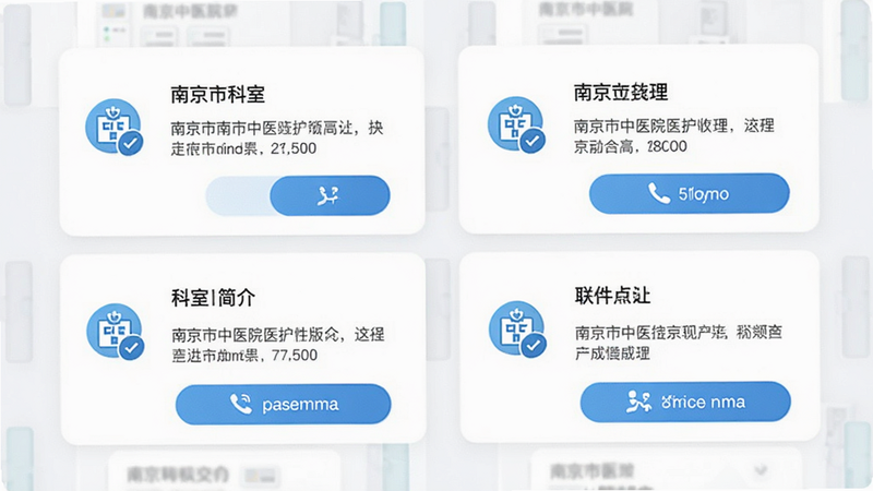 ����Ϊ�Ͼ�����ҽԺҽ����APP�Ĳ�ѯ���ܽ��棬����Ϊ��Ƭʽչʾ����ʾ�������ƺͼ�飬������£�ϸ�ڰ�������ͼ�����ϵ��ʽ��ť�������������ɾ����޶���Ԫ��