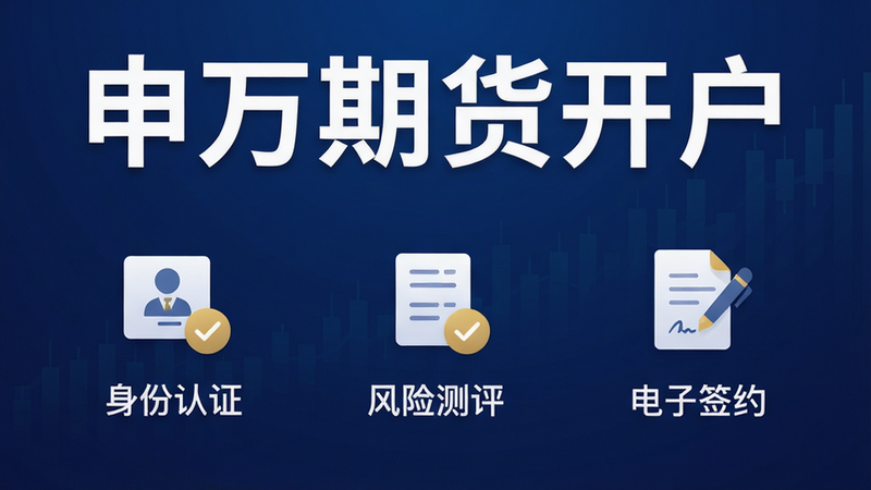 主体为申万期货开户APP的UI界面展示,布局采用中心对称结构,背景为深蓝色渐变体现金融专业感,中间突出显示“申万期货开户”白色大字标题,下方排列三个核心功能图标:身份认证、风险测评、电子签约,图标风格扁平化且带有金色点缀,整体风格干净现代,无多余装饰元素,4K高清画质