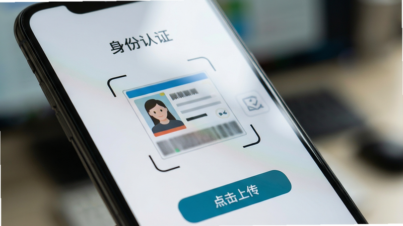 主体为手机屏幕特写,显示“身份认证”界面,清晰可见身份证扫描框和“点击上传”按钮,背景虚化处理突出前景手机,布局紧凑,排版整齐,风格写实,细节丰富展现屏幕反光质感,画质清晰,无水印