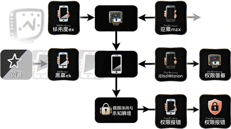 主体为手机故障排除流程图,包含三个主要节点:闪退、黑屏、权限报错,每个节点引出对应的解决步骤图标,布局为从上到下的垂直流程,背景为白色,风格简洁明了,箭头清晰,细节展现图标内的文字说明,画质清晰,无杂色