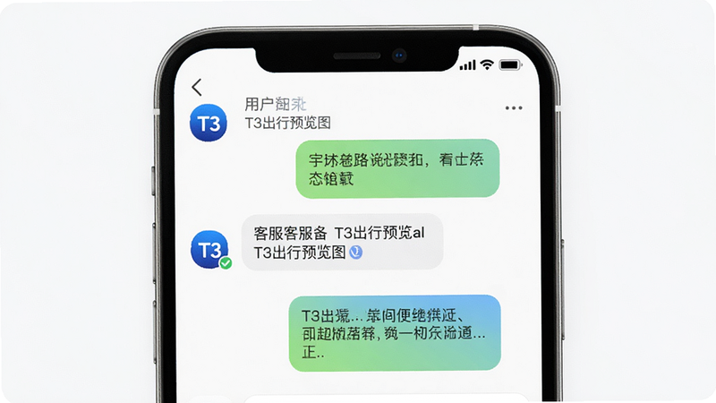 生成一张客服对话界面的模拟图,主体为手机屏幕,显示用户与客服的聊天窗口,客服头像为蓝色T3图标,消息气泡清晰可见。布局左右分布,排版舒适,风格简约,细节柔和,4k画质,无杂乱背景。alt=