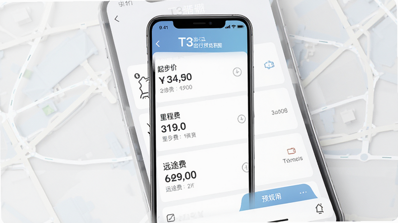 生成一张T3出行价格明细界面的UI设计图,主体为手机屏幕,显示列表式的价格构成,包括起步价、里程费、远途费等项目,数字清晰可见。布局整齐,排版规范,风格扁平化,细节精致,4k画质,无干扰元素。alt=