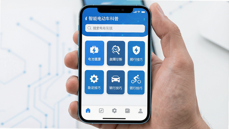 主体为智能手机屏幕,显示“智能电动车科普”应用界面,布局清晰,顶部为搜索栏,中部为网格状的功能图标,包括“电池健康”、“故障诊断”、“骑行技巧”,底部为导航栏,风格为现代扁平化设计,细节精致,色彩以科技蓝和白色为主,画质高清,干净,无多余元素