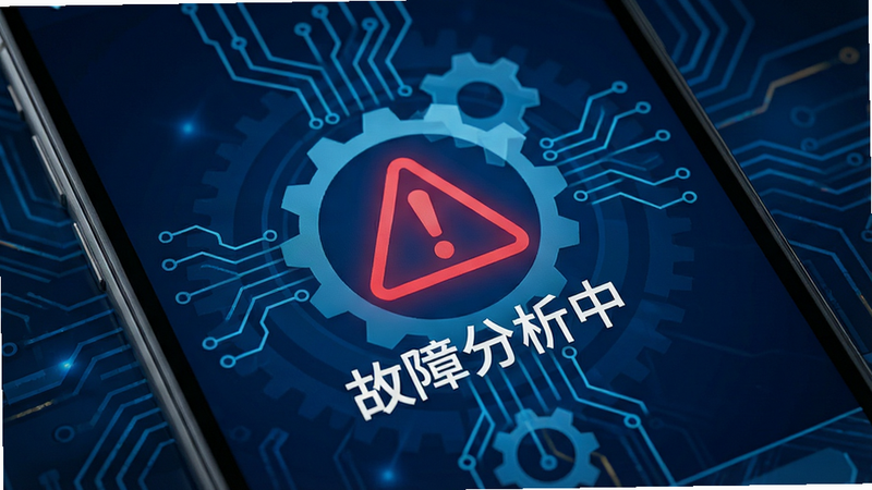 主体为手机屏幕特写,显示故障诊断界面,背景为深蓝色科技风,屏幕中央有一个红色的警示图标,周围环绕着齿轮和电路线条,文字显示“故障分析中”,布局居中对称,风格科技感强,细节丰富,画质清晰,干净,无多余元素