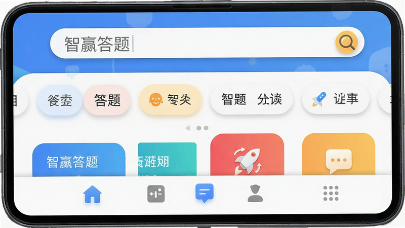 主体为安卓手机屏幕界面,显示“智赢答题”APP首页,布局清晰,顶部有搜索栏,中间是分类标签,底部是功能导航,风格扁平化现代,细节包含图标阴影和圆角设计,文字清晰显示“智赢答题”,画质高清,干净,无多余元素