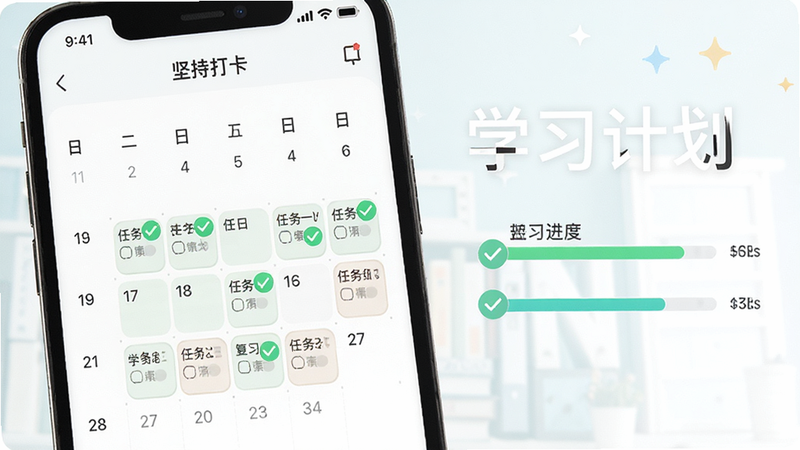 ����Ϊ���繤ʦ��⡱APP��ѧϰ�ƻ����棬����Ϊ������ͼ�������ÿ���������������Ա��н�������ʾ��ϰ���ȣ��Ű��������ۣ����Ϊ��������ƣ�ϸ�ڴ��д򿨳ɹ�����ɫ�Թ�ͼ�꣬���ʸ��壬�ɾ���Լ���������֡�ѧϰ�ƻ���������ִ򿨡�