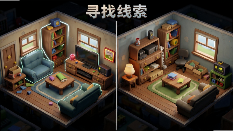 主体为游戏内房间场景,布局展示杂乱到整洁的过程,排版清晰,风格为卡通写实,细节展示家具与隐藏物品高亮效果,画质精细,干净,无多余元素,文字