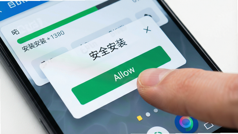 主体为安卓手机屏幕特写,布局展示安装进度条与权限弹窗,排版清晰,风格为科技感UI设计,细节展示手指点击允许按钮,画质清晰,干净,无多余元素,文字
