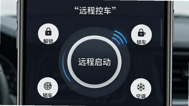 主体为远程控车界面展示,手机屏幕中央有一个大的圆形按钮显示