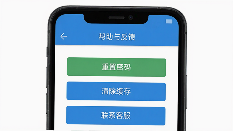 宏盟商家版 安卓版 常见问题排查流程图,主体为手机屏幕显示“帮助与反馈”页面,布局简洁,包含“重置密码”、“清除缓存”、“联系客服”三个选项按钮,风格扁平化,细节清晰,画质高清,干净,无多余元素