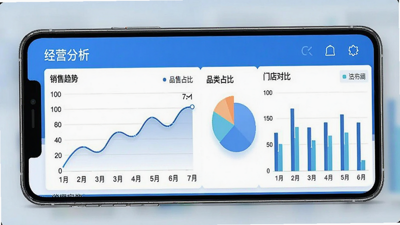 宏盟商家版 数据分析仪表盘,手机屏幕显示“经营分析”页面,包含折线图(销售趋势)、饼图(品类占比)及柱状图(门店对比),色彩搭配协调,信息密度适中,风格现代科技蓝,画质清晰,干净,无多余元素