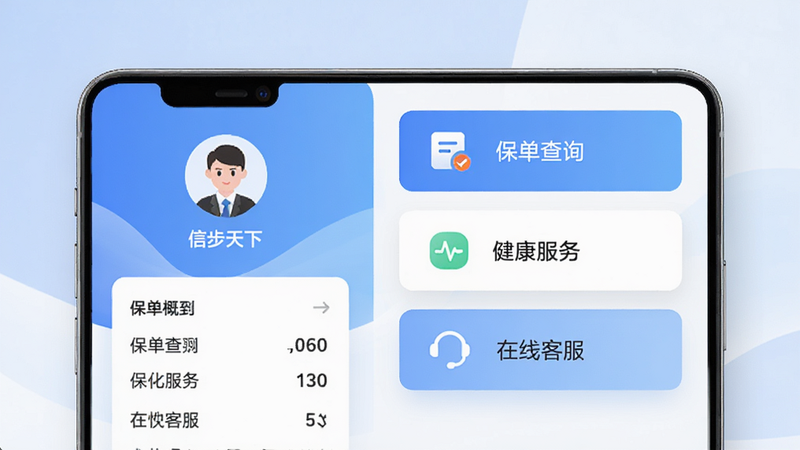 主体为信步天下APP的手机界面展示,布局采用左右分栏结构,左侧显示用户头像及保单概要,右侧展示核心功能入口如“保单查询”、“健康服务”、“在线客服”,排版清晰有序,风格为现代简约商务风,细节包含柔和的蓝白色调渐变背景,画质高清,干净无多余元素