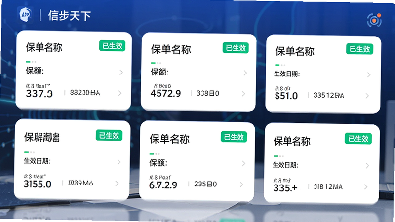 主体为信步天下APP内的保单列表界面,布局为卡片式设计,每张卡片展示保单名称、保额、生效日期,排版整齐,风格为科技感与亲和力结合,细节包含高亮的“已生效”状态标签,画质清晰,无杂乱背景