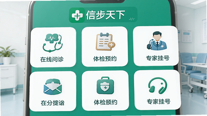 主体为信步天下APP的健康服务板块,布局采用网格图标排列,包含“在线问诊”、“体检预约”、“专家挂号”等选项,排版美观,风格为清新医疗风,细节包含绿色健康标识,画质细腻,无干扰元素