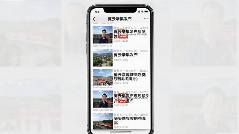 主体为手机界面,展示“冀云辛集发布”的新闻列表页,布局为垂直滚动列表,每条新闻配缩略图和标题,排版整齐,风格扁平化,细节清晰,4K画质,干净简洁