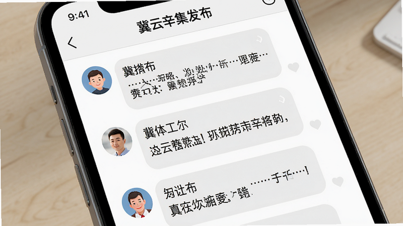 主体为手机界面,展示“冀云辛集发布”的互动评论区,布局为上下排列的评论气泡,包含用户头像和文字,排版自然,风格亲切友好,细节清晰,高保真渲染,画面干净