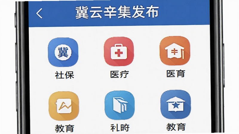 主体为手机界面,展示“冀云辛集发布”的政务服务专区,布局为网格状图标入口,包含社保、医疗、教育等图标,排版规整,风格官方权威,细节精致,高清画质,无杂乱元素