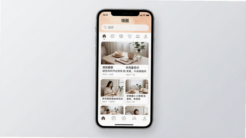 一张现代简约风格的手机屏幕界面展示图,主体为名为“媛圈”的应用程序首页界面,布局清晰,上方为搜索栏与导航图标,中部为卡片式内容推荐流,包含精致生活照片与文字摘要,底部为五个主要功能标签,整体色调柔和温馨,细节呈现高清UI设计,画质干净,无多余元素,背景为浅灰色渐变