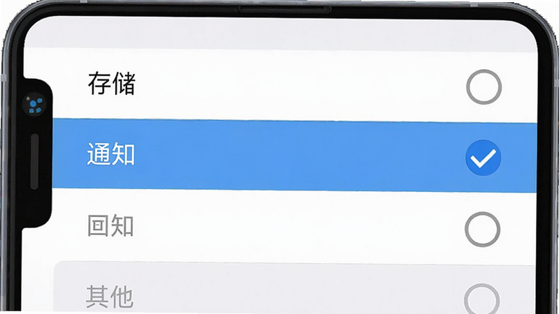 一个手机设置界面的示意图,显示权限管理列表,其中“存储”和“通知”权限被勾选,其他权限未勾选,界面简洁,文字清晰,风格扁平,细节真实,画质高清,干净,无多余元素