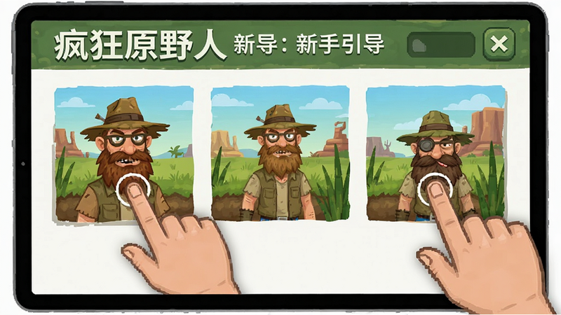 主体为《疯狂原野人》新手引导界面,布局清晰,排版简洁,风格为教程图示,细节显示手指点击操作,画质清晰,干净无多余元素