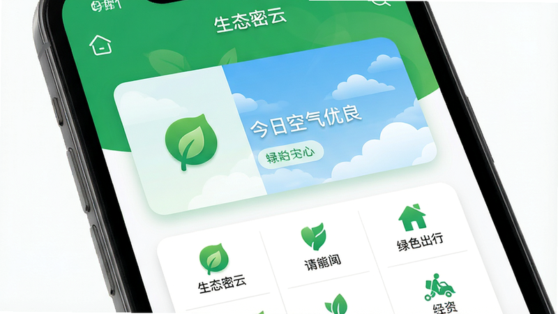 主体为手机屏幕显示生态密云APP首页界面,布局为顶部导航栏、中部实时空气质量卡片、底部功能九宫格,排版整洁有序,风格为清新绿色科技风,细节包括树叶图标、蓝色天空背景、白色卡片阴影,画质高清,干净,无多余元素,文字包含