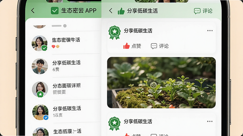 主体为手机屏幕显示生态密云APP的社区互动页面,布局为左侧用户头像列表、右侧帖子流,排版为瀑布流样式,风格为温馨社区风,细节包括点赞图标、评论气泡、绿色徽章,画质清晰,干净,无多余元素,文字包含