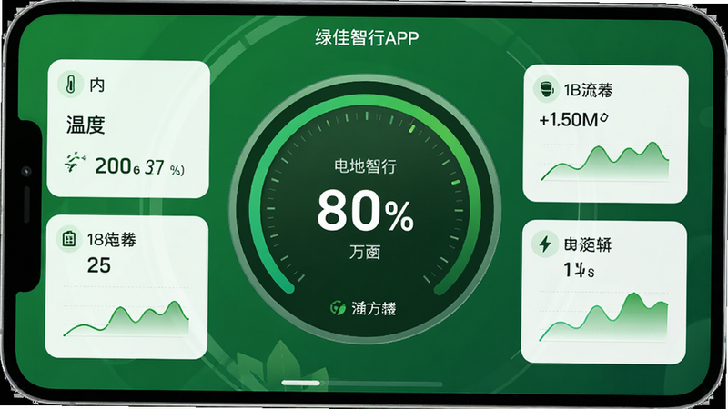 �̼�����APP�ĵ�ع������棬��ʾһ��Բ�ε����ٷֱ��Ǳ��̣���Χ�������¶ȡ���ѹ��������ʵʱ���ݿ�Ƭ��ͼ��������ɫ����ɫ�������ֻ�����Ƽ��У����沼�����࣬���������������ұ�������������