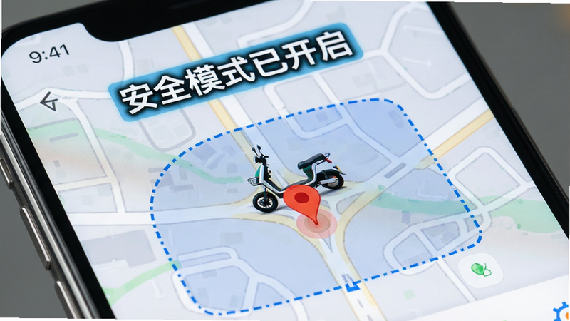 �ֻ���Ļ��д����ʾ�̼�����APP�ĵ�ͼ��λҳ�棬��ͼ����һ����Ŀ�ĺ�ɫ��λͼ��ָ��һ���綯������Χ����ɫ����Χ�����߿򣬽��涥����ʾ����ȫģʽ�ѿ����������ּӴָ���������Ϊǳ��ɫ��ͼ���������дʵ���߷ֱ���