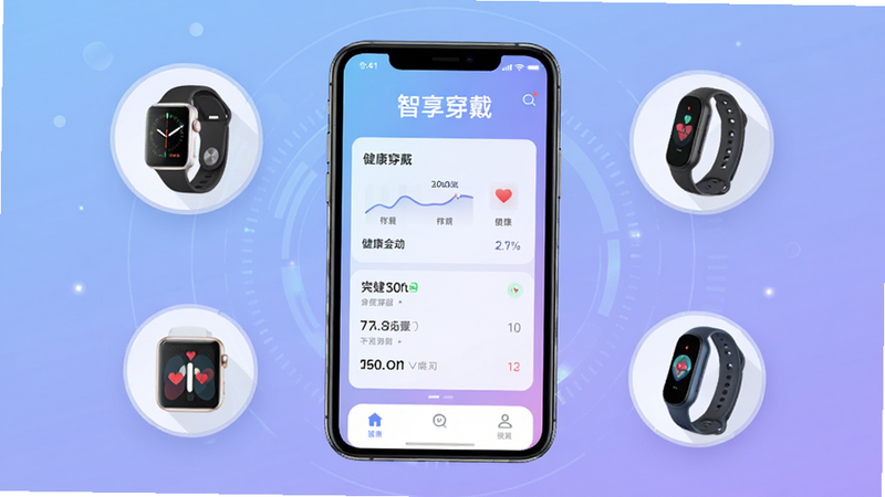 展示一款名为“智享穿戴”的手机APP界面主图,画面中心是手机屏幕,显示着简洁的健康数据仪表盘,背景为柔和的蓝紫色渐变科技风格,周围悬浮着智能手表和手环的设备图标,排版整洁,文字清晰标注“智享穿戴”,高清矢量风格,无多余装饰元素