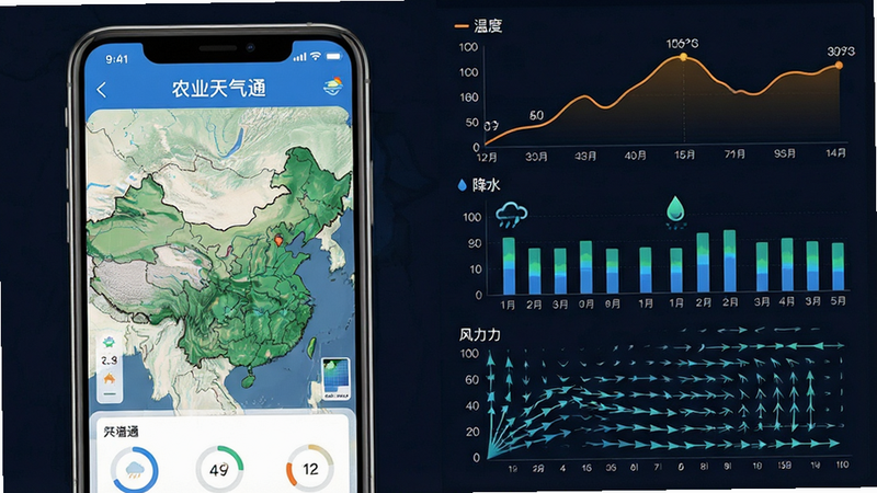 一张展示数据可视化的图片,左侧是“农业天气通”APP界面,右侧是动态的气象数据流,包括温度曲线、降水柱状图和风力矢量图,布局左右对称,排版专业,风格数据驱动,细节显示高精度网格地图,画质清晰,干净,无多余元素