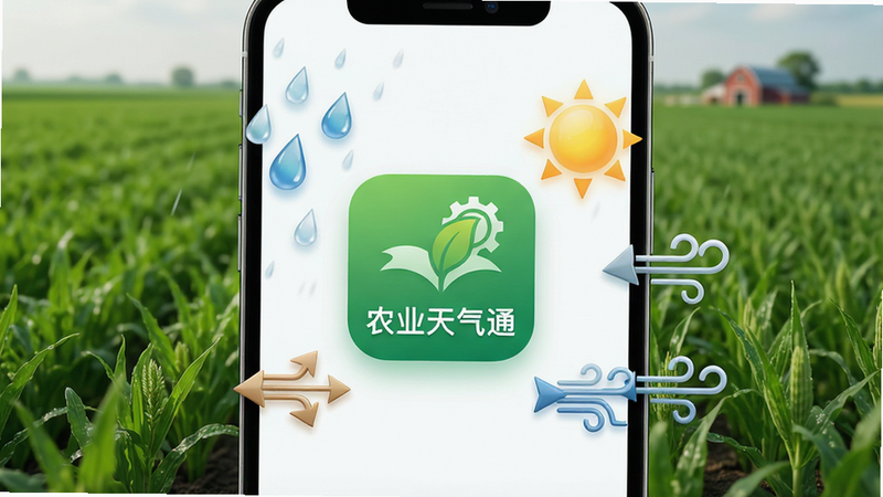 一张高清写实风格的图片,主体为绿色农田背景上的手机界面,界面中心显示“农业天气通”APP图标,周围环绕着雨滴、太阳、风力箭头等气象元素,布局清晰,排版简洁,风格现代科技,细节丰富,展现软件与农业场景的融合,画质8k,干净,无多余元素