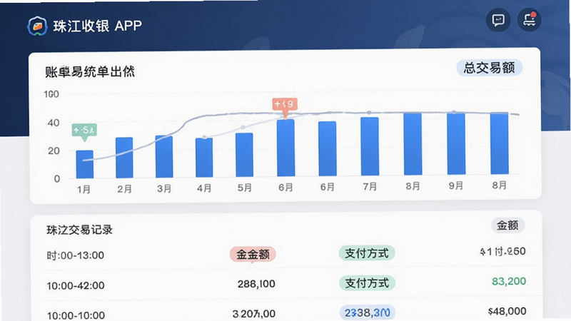 主体为珠江收银APP的账单统计页面,布局采用卡片式设计,上方显示总交易额柱状图,下方列表展示具体交易记录,包含时间、金额、支付方式,排版清晰有序,风格商务简约,细节处有数据高亮显示,画质高清,干净无多余元素