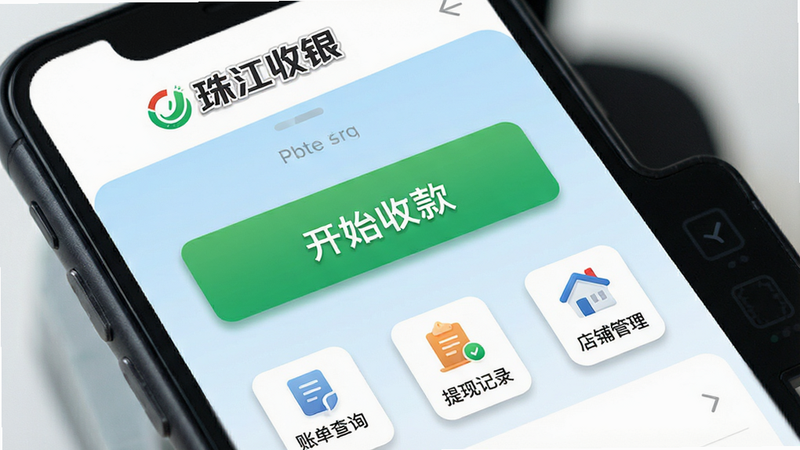 主体为珠江收银APP界面全屏展示,布局整洁,顶部显示“珠江收银”Logo,中间是大号绿色“开始收款”按钮,下方排列“账单查询”、“提现记录”、“店铺管理”三个功能图标,背景为浅蓝色渐变,风格扁平化现代商务,细节处有轻微的阴影效果,画质高清,干净无多余元素