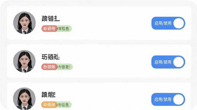 主体为珠江收银APP的店员管理界面,布局为列表形式,显示多个店员头像和姓名,右侧有“启用/禁用”开关按钮,背景为白色,排版整齐,风格现代UI,细节处有权限标签显示,画质清晰,干净无多余元素