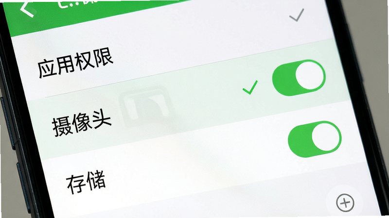 主体为手机设置界面,显示“应用权限”选项,高亮显示“摄像头”和“存储”权限已开启,布局清晰,排版标准系统UI,风格简洁,细节处有绿色对勾标记,画质清晰,干净无多余元素