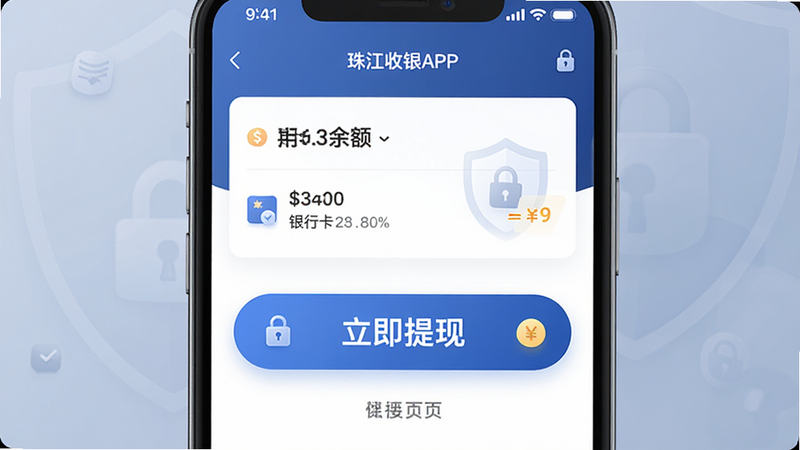 主体为珠江收银APP的提现页面,布局中心显示“立即提现”大按钮,上方显示可用余额和银行卡信息,背景带有淡淡的盾牌图标暗示安全,排版重点突出,风格稳重可信,细节处有锁形图标装饰,画质高清,干净无多余元素