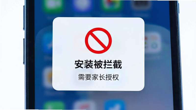 主体:手机屏幕显示禁止安装弹窗,布局:居中弹出框,排版:简洁警示风格,风格:现代科技蓝,细节:红色禁止符号,文字: