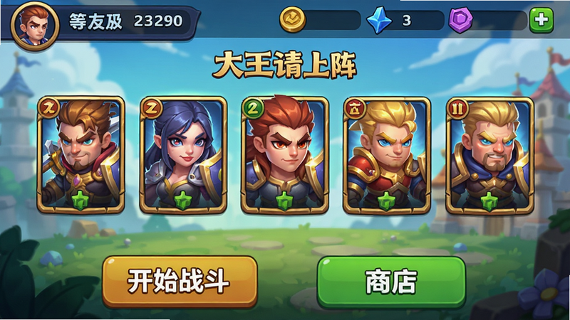 主体为一款名为“大王请上阵”的手机游戏主界面截图,布局采用竖屏设计,顶部显示玩家等级与资源栏,中部展示一个由五个英雄卡牌组成的阵容预览区,底部是“开始战斗”与“商店”两个醒目按钮,整体风格为卡通Q版奇幻风,色彩鲜艳明亮,画质高清,细节丰富,无多余装饰元素,干净简洁