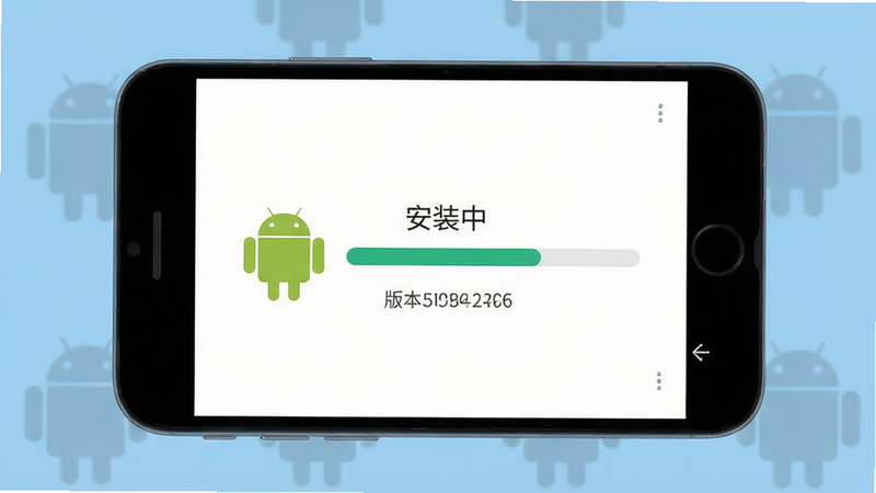 主体为手机屏幕显示的游戏安装界面,背景为纯色,布局简洁,中心显示一个进度条与“安装中”字样,风格为扁平化设计,细节展示了安卓机器人图标与版本号信息,画质清晰,无多余元素