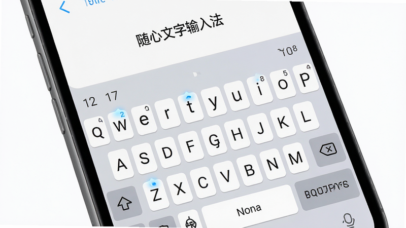 主体为手机屏幕显示“随心文字输入法”界面,布局为全键盘模式,排版整洁有序,风格极简现代,细节展示按键高亮反馈,画质高清,干净,无多余元素
