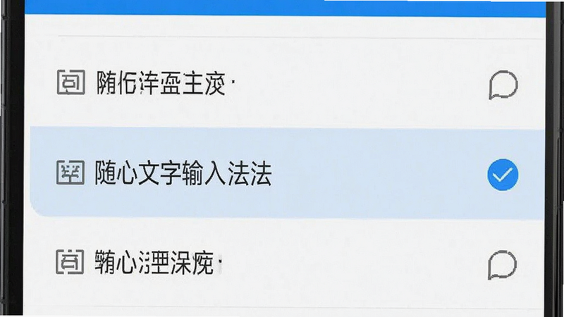 主体为手机设置界面截图,显示输入法选择列表,布局突出“随心文字输入法”被选中的状态,排版清晰,风格系统原生UI,细节展示勾选标记,画质清晰,干净,无多余元素