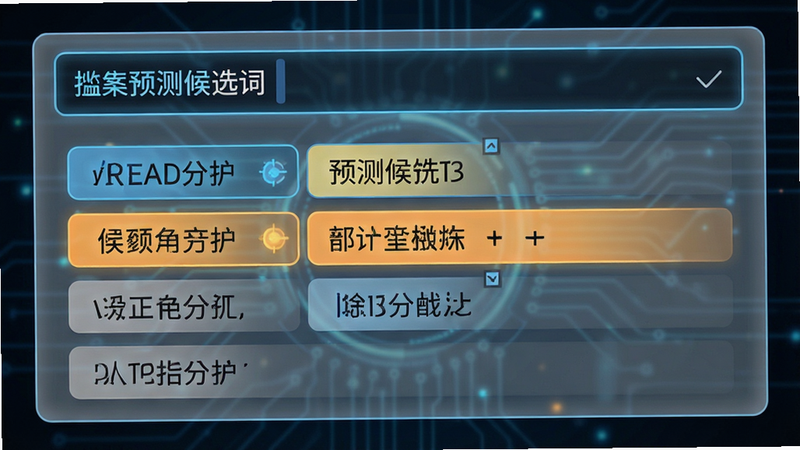 主体为输入框中显示预测候选词列表,布局突出候选词的高亮效果,排版清晰易读,风格智能科技感,细节展示文字选中状态,画质清晰,干净,无多余元素