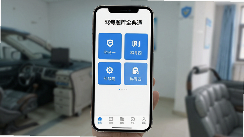 一张高清手机应用界面展示图,主体为白色背景的APP首页,顶部显示“驾考题库全典通”字样,中间区域为科目选择卡片,包括科目一、科目四等选项,底部有导航栏,风格简约现代,扁平化设计,色彩以蓝白为主,清晰展示软件核心功能入口,无多余装饰,4k分辨率,干净利落
