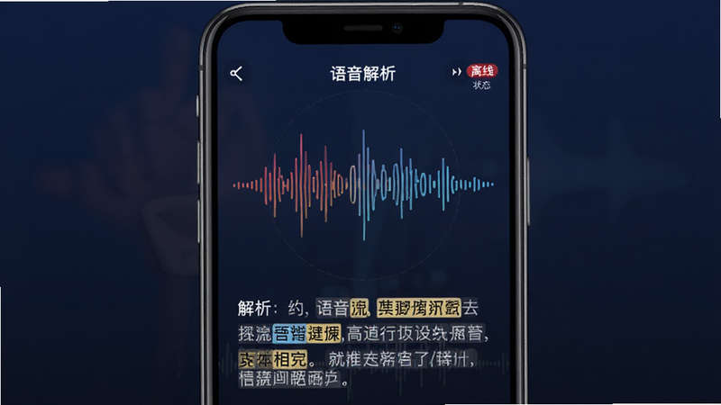 手机界面展示“语音解析”播放界面,中央为声波动画,下方为文字解析内容,高亮显示关键词,右上角有离线状态标识,背景为深蓝色,营造专注学习氛围,界面元素简洁,突出音频功能,无多余图标,画质精细