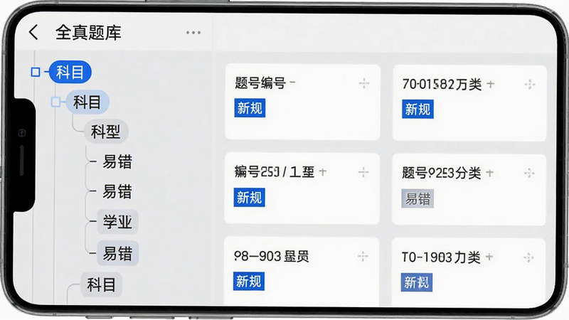 模拟手机界面,显示“全真题库”列表页,左侧为科目分类树状结构,右侧为具体题目卡片,包含题目编号、类型标签(如“新规”、“易错”),界面整洁,字体清晰,蓝色高亮显示选中状态,背景为浅灰色,体现专业与严谨,无水印