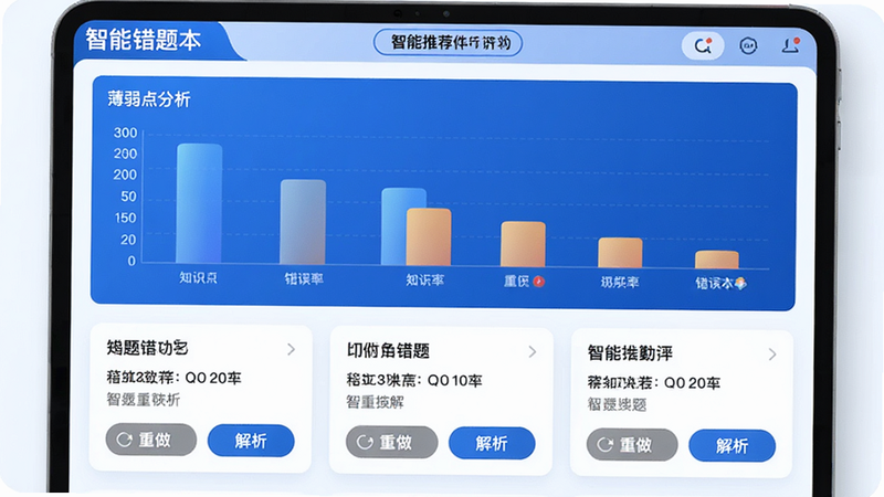 展示“智能错题本”功能界面,顶部有“薄弱点分析”图表,柱状图显示不同知识点的错误率,下方列出具体错题卡片,带有“重做”和“解析”按钮,界面采用蓝白配色,数据可视化清晰,突出智能推荐特性,高清细节,无杂乱元素