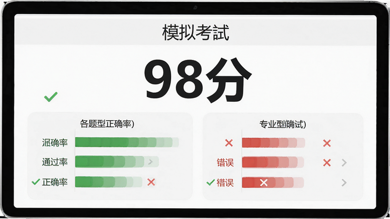 模拟“模拟考试”结束后的成绩单页面,大号字体显示分数“98分”,下方有详细统计图表,包括各题型正确率,界面设计简洁大气,绿色对勾表示通过,红色叉号表示错误,整体风格专业可信,无广告干扰,高清渲染