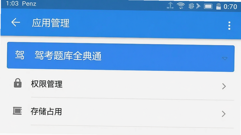 手机设置界面示意图,显示“应用管理”页面,选中“驾考题库全典通”,下方列出“权限管理”、“存储占用”等选项,界面风格为安卓原生设计,简洁明了,蓝色高亮选中项,无其他无关应用图标,清晰展示权限设置步骤