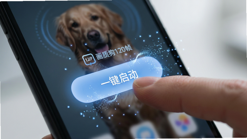 手指点击手机屏幕上“画质狗120帧”APP中“一键启动”按钮的特写镜头,按钮发出柔和蓝光,周围有粒子特效扩散,象征激活成功,背景虚化,焦点集中在操作手势和按钮上,风格现代简约,高清晰度,干净利落