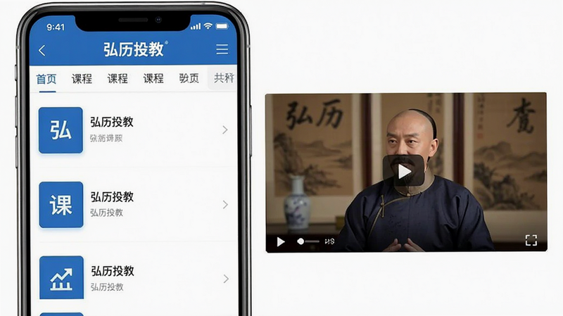 ����Ϊ����Ͷ��APP���ֻ�����չʾͼ�����ֲ��þ��жԳ�ʽ�������ʾ�γ��б����Ҳ�չʾ��Ƶ���Ŵ��ڣ�������Ϊ�������������ɫ��ϸ�ڴ�����������Ͷ�̡�Logo�������ĵ����������ʸ��壬�ɾ��޶���Ԫ�أ����֡�����Ͷ�̡������ɼ�